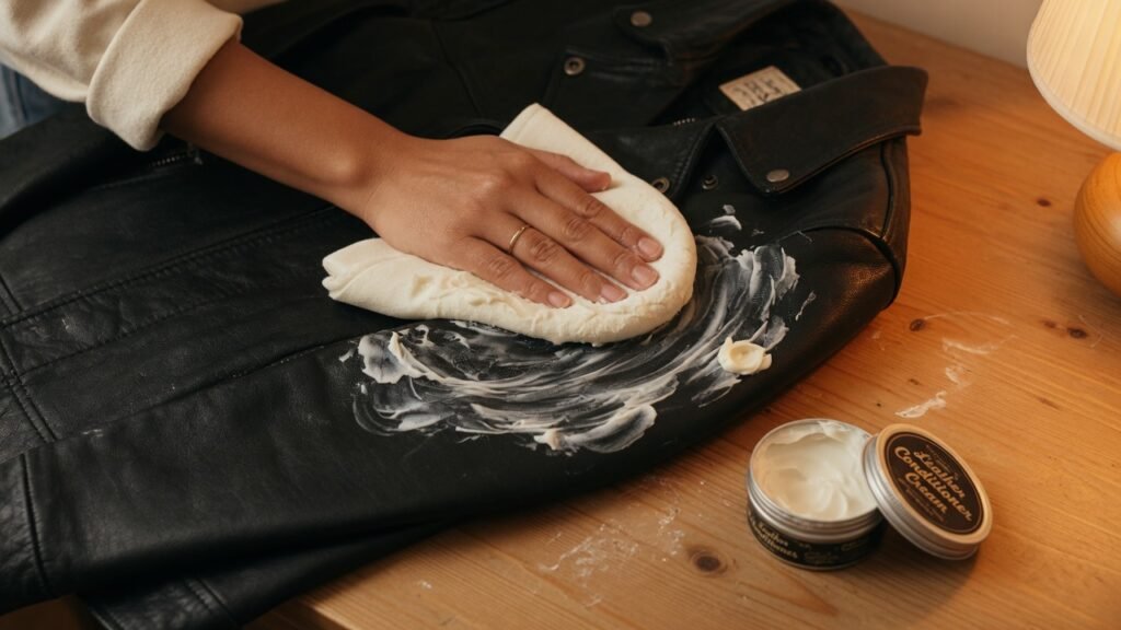 Applying leather conditioner to a black leather jacket after ink stain removal