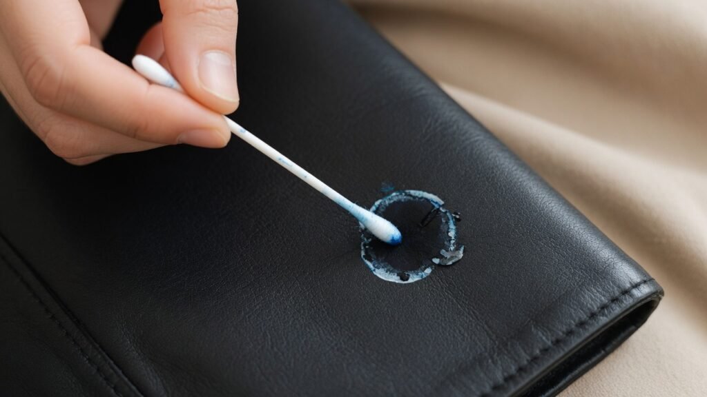 Dabbing ink stain on a black leather jacket with a cotton swab soaked in rubbing alcohol