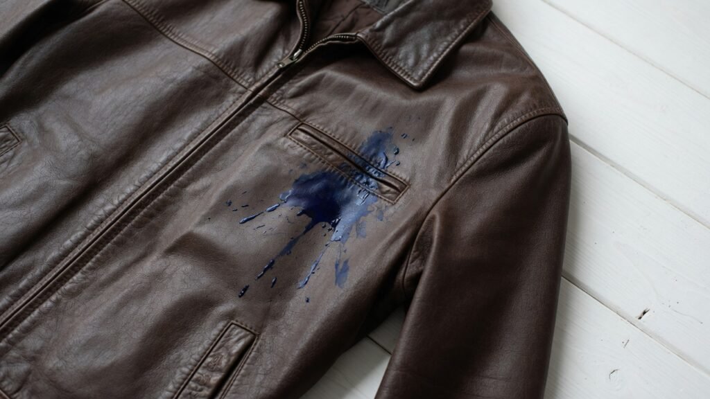 Fresh ink stain on a dark brown leather jacket surface