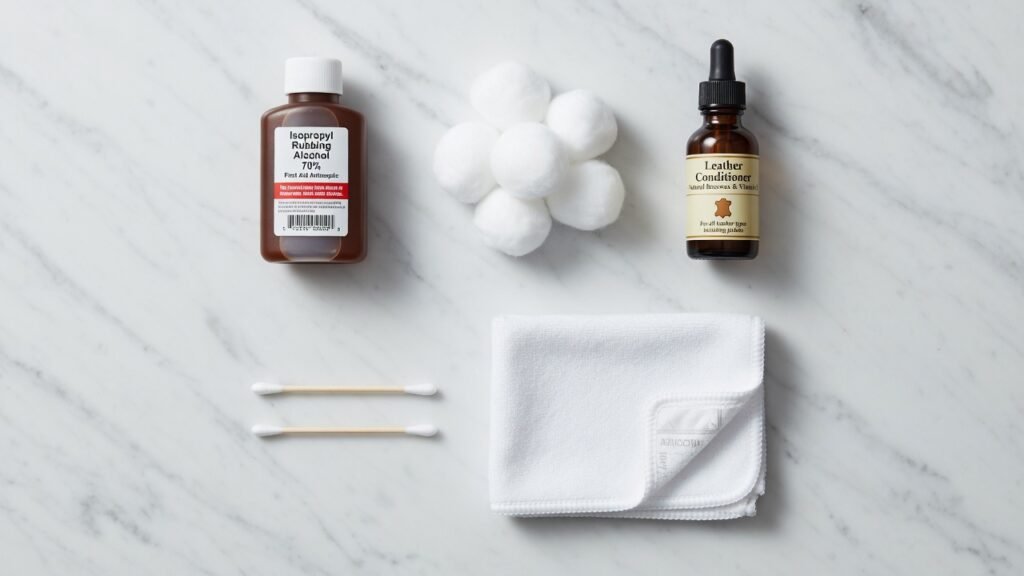  Ink stain removal supplies for leather jacket including rubbing alcohol, cotton balls, and leather conditioner