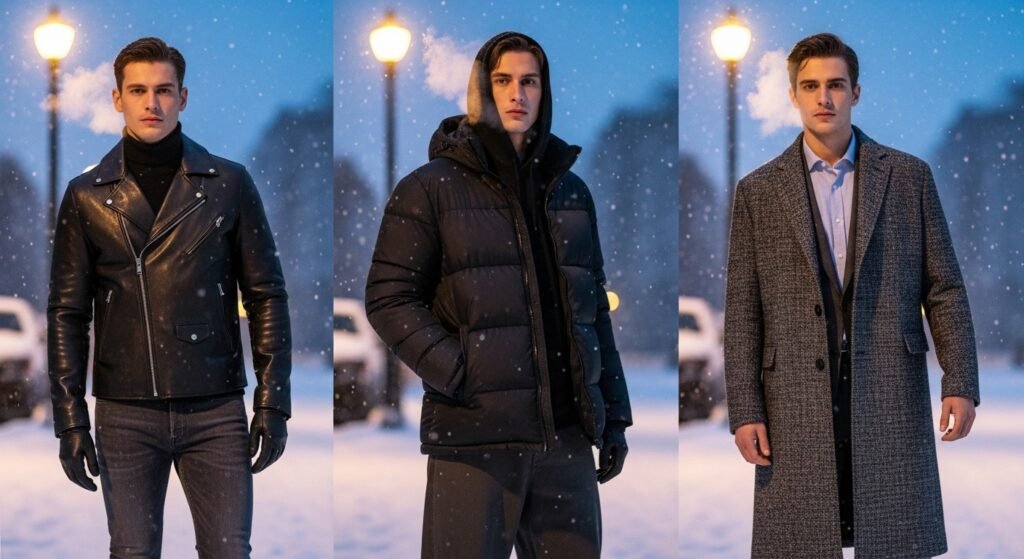 Leather jacket vs puffer vs wool coat in snow