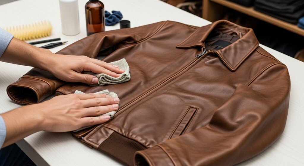 gently cleaning a leather jacket with a soft cloth