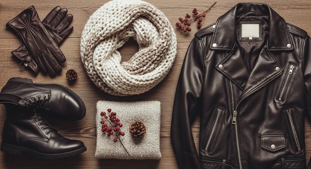 leather gloves, wool scarf, boots, and leather jacket
