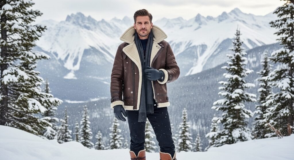 shearling leather jacket with wool scarf,