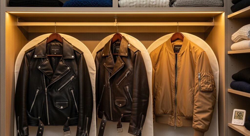 well-organized wardrobe with leather jackets