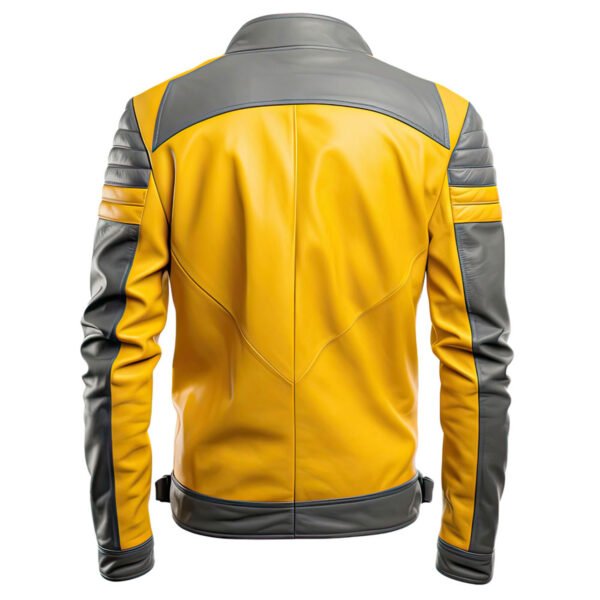 Men's Ash Grey & Yellow Genuine Sheepskin Leather Jacket – Quilted Slim-Fit Moto Biker Jacket back