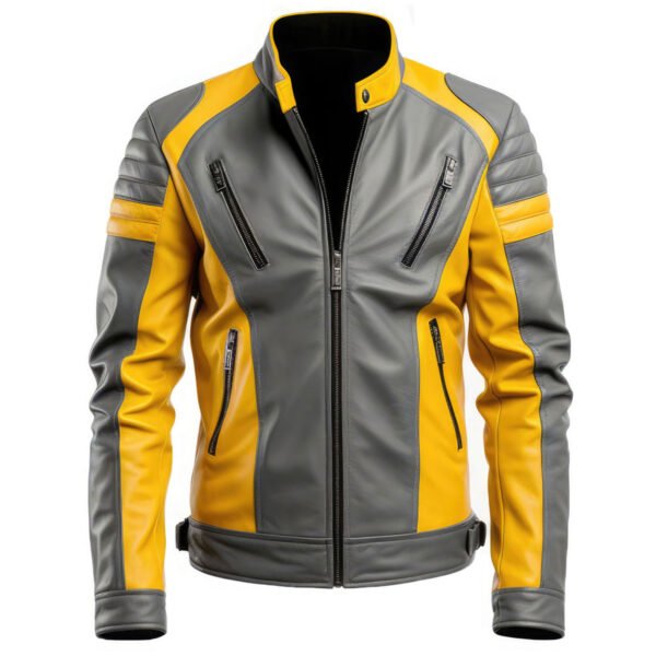 Men's Ash Grey & Yellow Genuine Sheepskin Leather Jacket – Quilted Slim-Fit Moto Biker Jacket front