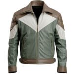 Men's Brown & Army Green Genuine Sheepskin Leather Jacket – Café Racer Shirt Collar Biker Jacket front