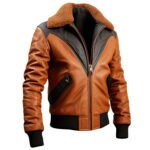 Men’s Clay Brown A2 Aviator Sheepskin Leather Bomber Jacket with Sherpa Collar front
