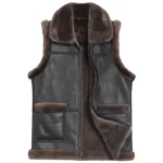 Men’s Coffee Brown Sheepskin Leather Vest with Faux Shearling Lining front