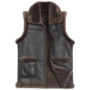 Men’s Coffee Brown Sheepskin Leather Vest with Faux Shearling Lining front