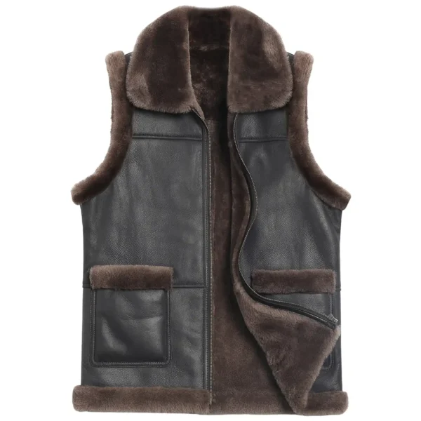 Men’s Coffee Brown Sheepskin Leather Vest with Faux Shearling Lining front