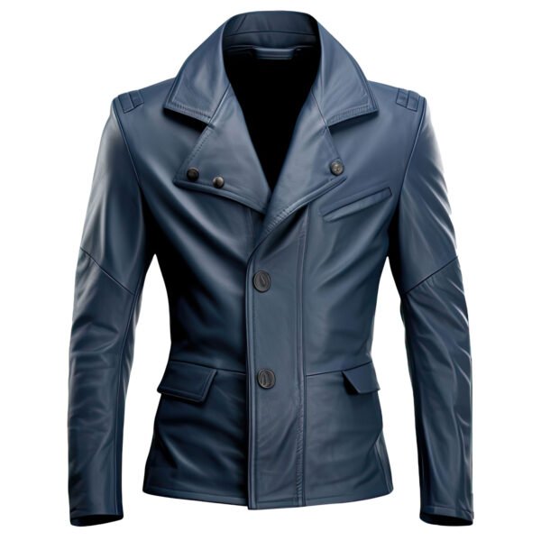 Men’s Dark Blue Genuine Sheepskin Leather Blazer with Shirt Collar front