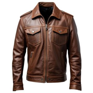 Men's Dark Brown Genuine Sheepskin Trucker Leather Jacket – Shirt Collar, Zip-Up, Lightweight Winter Outerwear front
