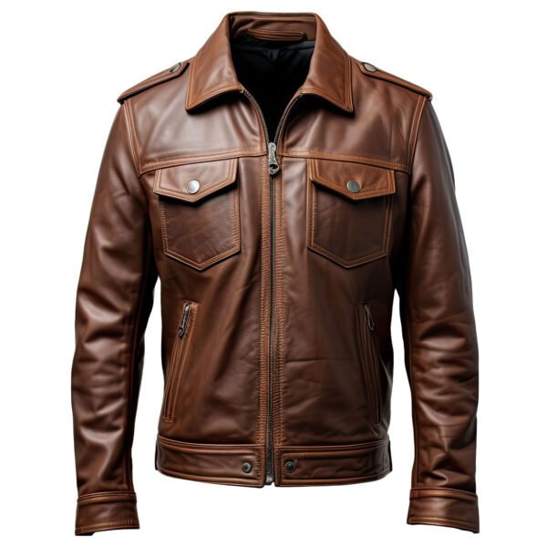 Men's Dark Brown Genuine Sheepskin Trucker Leather Jacket – Shirt Collar, Zip-Up, Lightweight Winter Outerwear front