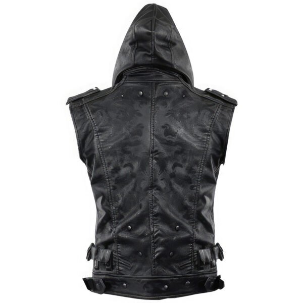 Men’s Distressed Black Sheepskin Leather Hooded Vest - Studded Gothic Steampunk Slim Fit back