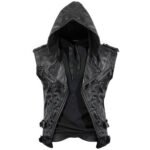 Men’s Distressed Black Sheepskin Leather Hooded Vest - Studded Gothic Steampunk Slim Fit front