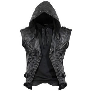 Men’s Distressed Black Sheepskin Leather Hooded Vest - Studded Gothic Steampunk Slim Fit front