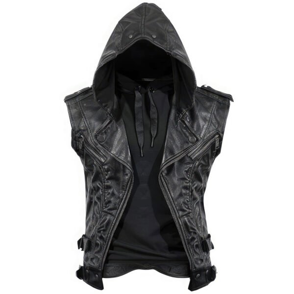 Men’s Distressed Black Sheepskin Leather Hooded Vest - Studded Gothic Steampunk Slim Fit front