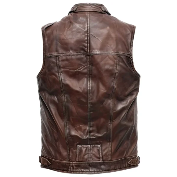 Men’s Distressed Brown Genuine Sheepskin Leather Rider Vest with Shirt Collar back