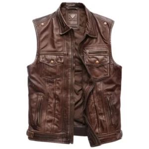 Men’s Distressed Brown Genuine Sheepskin Leather Rider Vest with Shirt Collar front