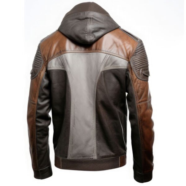 Men's Distressed Grey & Brown Genuine Sheepskin Biker Leather Jacket – Quilted Shoulders, Hooded, Zip-Up back