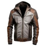 Men's Distressed Grey & Brown Genuine Sheepskin Biker Leather Jacket – Quilted Shoulders, Hooded, Zip-Up front