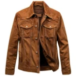 Men's Distressed Grey & Brown Genuine Sheepskin Biker Leather Jacket – Quilted Shoulders, Hooded, Zip-Up front