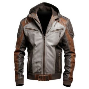 Men's Distressed Grey & Brown Genuine Sheepskin Biker Leather Jacket – Quilted Shoulders, Hooded, Zip-Up front