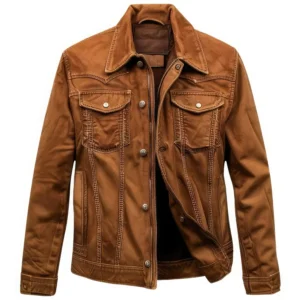 Men's Distressed Grey & Brown Genuine Sheepskin Biker Leather Jacket – Quilted Shoulders, Hooded, Zip-Up front