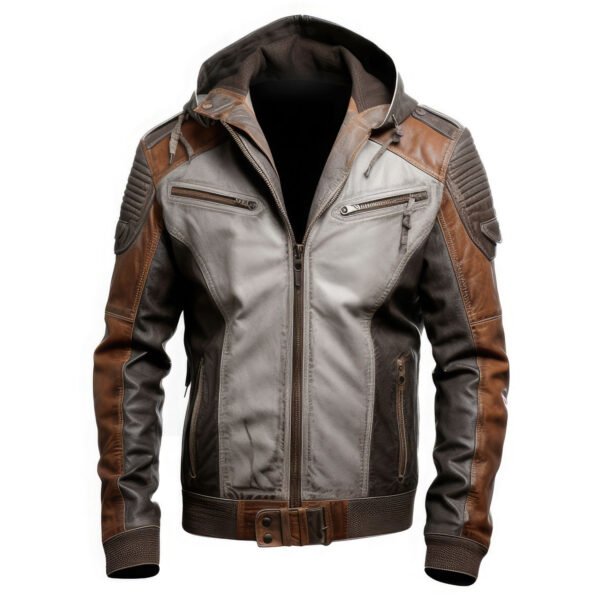Men's Distressed Grey & Brown Genuine Sheepskin Biker Leather Jacket – Quilted Shoulders, Hooded, Zip-Up front