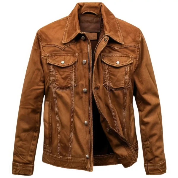 Men's Distressed Grey & Brown Genuine Sheepskin Biker Leather Jacket – Quilted Shoulders, Hooded, Zip-Up front