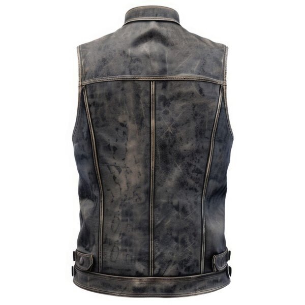 Men's Distressed Grey Genuine Sheepskin Leather Vest – Vintage Biker Racer, Shirt Collar, Zip-Up, Lightweight back
