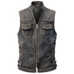 Men's Distressed Grey Genuine Sheepskin Leather Vest – Vintage Biker Racer, Shirt Collar, Zip-Up, Lightweight front