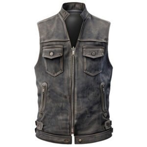 Men's Distressed Grey Genuine Sheepskin Leather Vest – Vintage Biker Racer, Shirt Collar, Zip-Up, Lightweight front