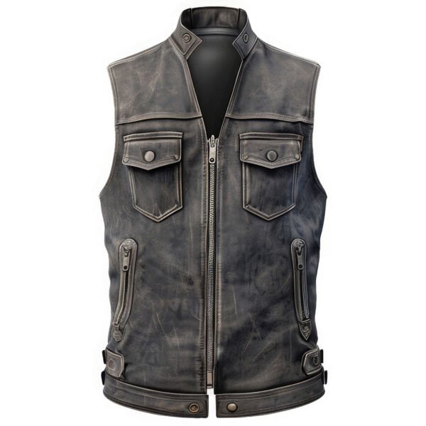 Men's Distressed Grey Genuine Sheepskin Leather Vest – Vintage Biker Racer, Shirt Collar, Zip-Up, Lightweight front