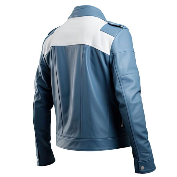 Men's Dusty Blue & White Genuine Sheepskin Leather Jacket – Biker Style Stand Collar Rider Jacket back