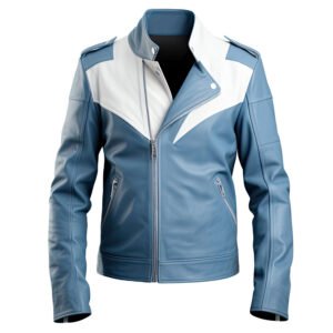 Men's Dusty Blue & White Genuine Sheepskin Leather Jacket – Biker Style Stand Collar Rider Jacket front