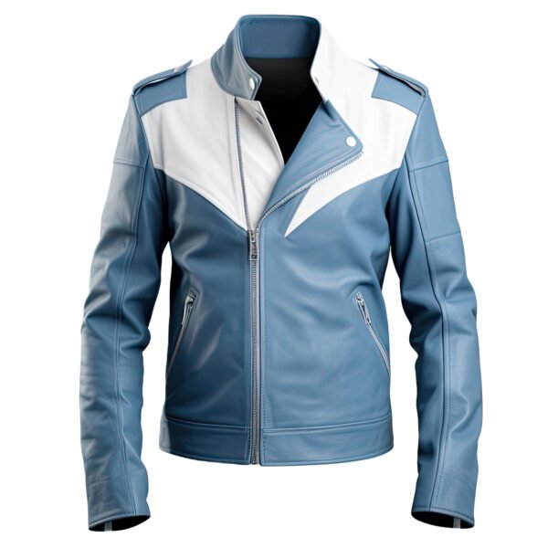 Men's Dusty Blue & White Genuine Sheepskin Leather Jacket – Biker Style Stand Collar Rider Jacket front