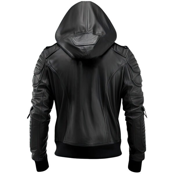 Men's Genuine Sheepskin Hooded Biker Bomber Leather Jacket with Multi-Zipper Detail back