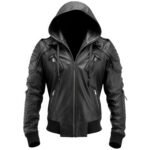 Men's Genuine Sheepskin Hooded Biker Bomber Leather Jacket with Multi-Zipper Detail front