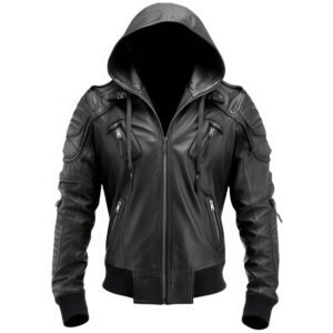 Men's Genuine Sheepskin Hooded Biker Bomber Leather Jacket with Multi-Zipper Detail front