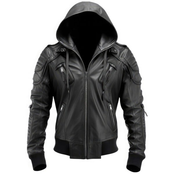 Men's Genuine Sheepskin Hooded Biker Bomber Leather Jacket with Multi-Zipper Detail front