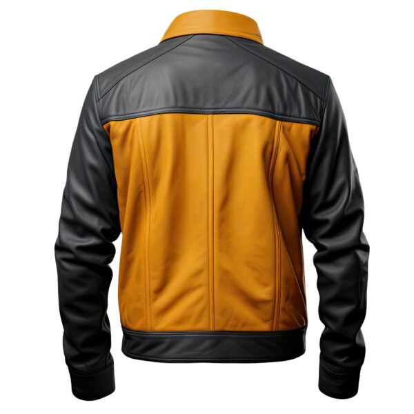 Men's Mustard & Charcoal Grey Genuine Sheepskin Trucker Leather Jacket – Shirt Collar, Snap Button, Lightweight back