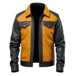 Men's Mustard & Charcoal Grey Genuine Sheepskin Trucker Leather Jacket – Shirt Collar, Snap Button, Lightweight front
