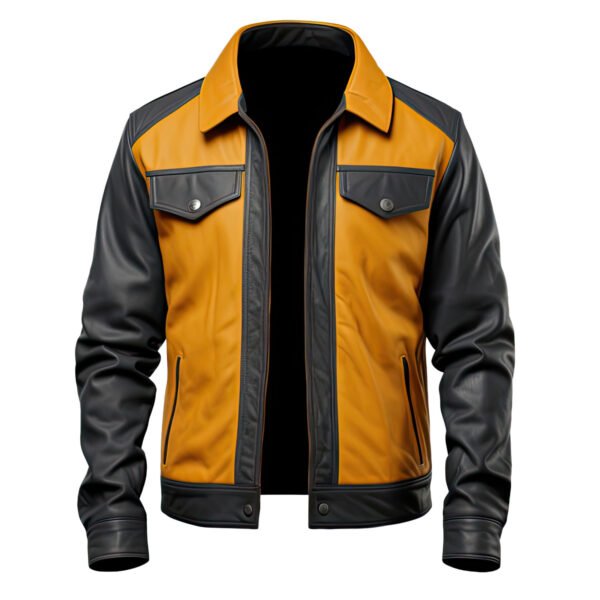 Men's Mustard & Charcoal Grey Genuine Sheepskin Trucker Leather Jacket – Shirt Collar, Snap Button, Lightweight front