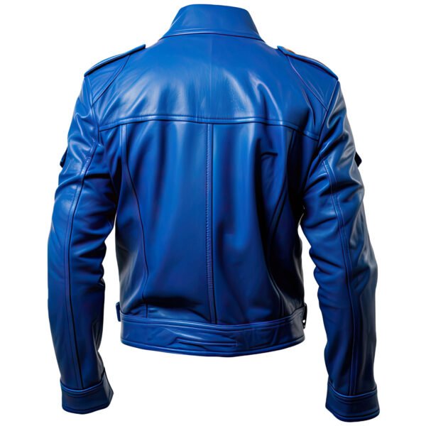 Men's Royal Blue Genuine Sheepskin Trucker Leather Jacket – Shirt Collar, YKK Zip, Herringbone Detail, Lightweight back
