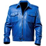 Men's Royal Blue Genuine Sheepskin Trucker Leather Jacket – Shirt Collar, YKK Zip, Herringbone Detail, Lightweight front