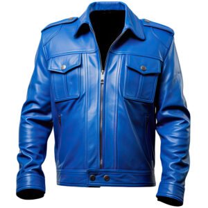 Men's Royal Blue Genuine Sheepskin Trucker Leather Jacket – Shirt Collar, YKK Zip, Herringbone Detail, Lightweight front