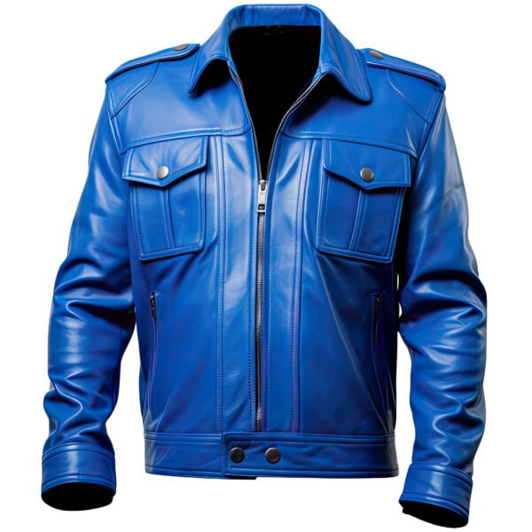 Men's Royal Blue Genuine Sheepskin Trucker Leather Jacket – Shirt Collar, YKK Zip, Herringbone Detail, Lightweight front